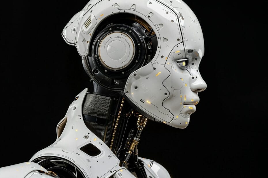 A white robot is standing in front of a black background